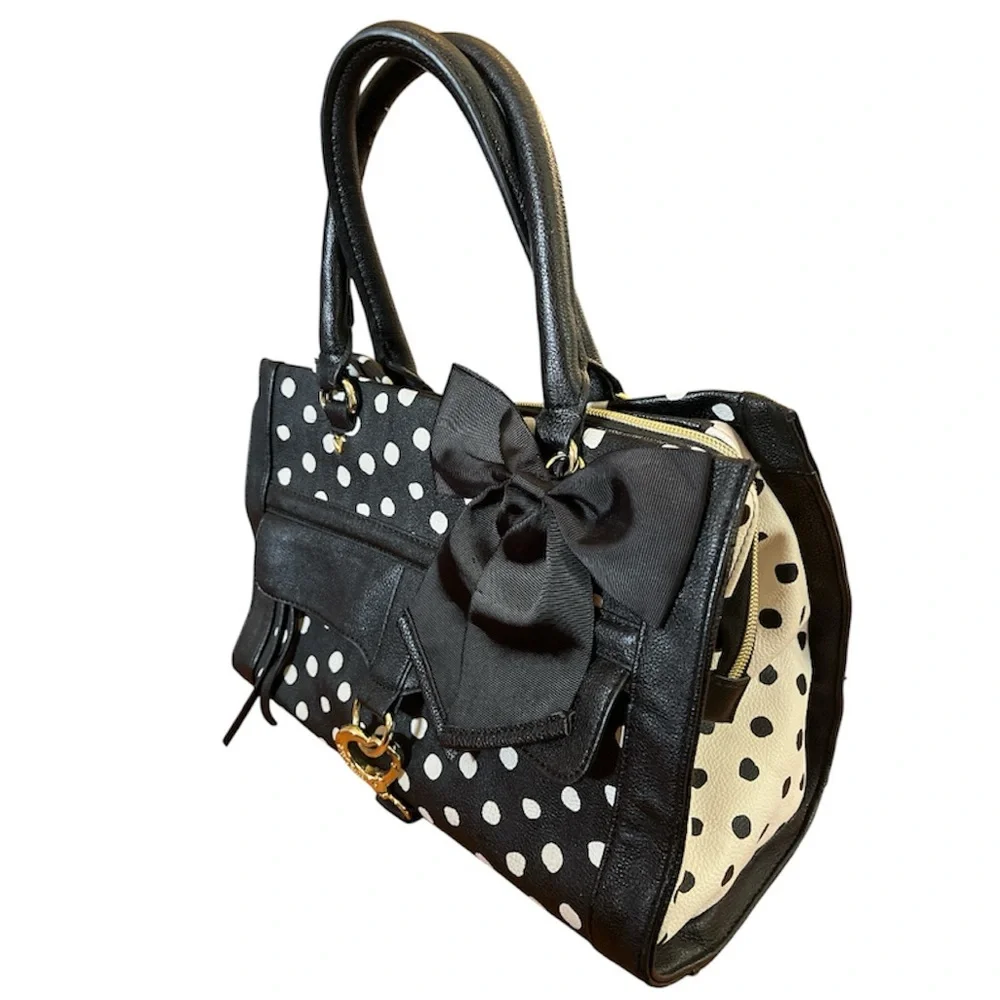Betsey Johnson Black & White Polka Dot Satchel w/handles, heart clip & Bow Charm